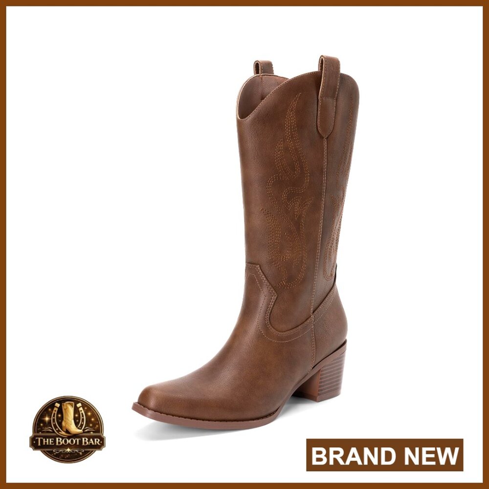 Square Toe Western Boots Mid Calf Cowboy Boots Chic Elegant Pull On